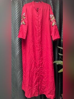 SHEIN Raspberry Red Button-Front Dress with Embroidered Sleeves